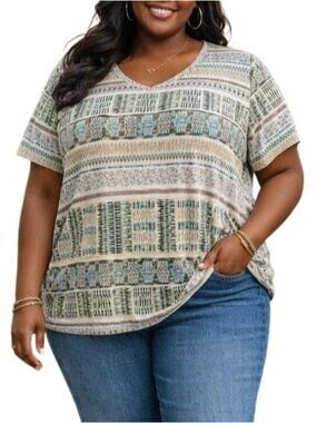 Croft & Barrow 2X Top Classic Tee Short-Sleeve Green Aztec Print V-Neck